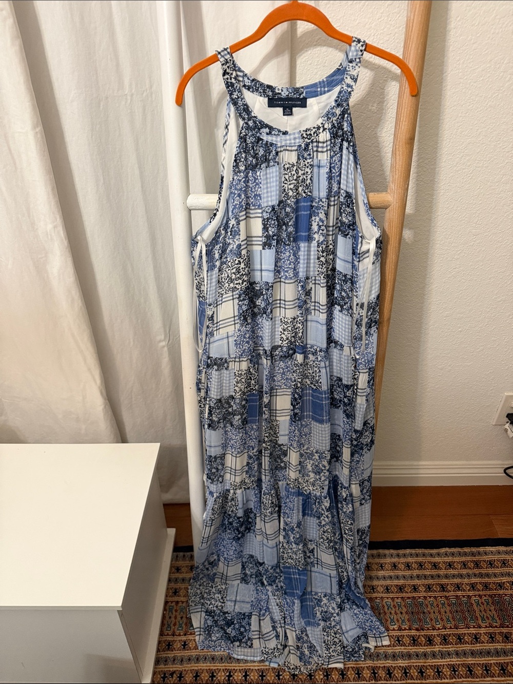 Tommy Hilfiger Blue and White Patchwork Halter Maxi Dress